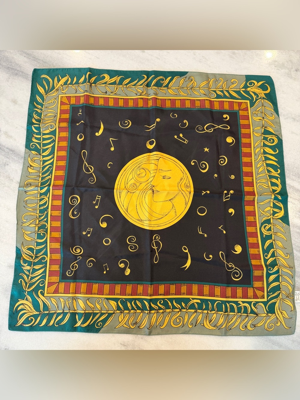 Vintage Square Silk Scarf Woman in Moon Celestial Music Notes Yellow Black Teal